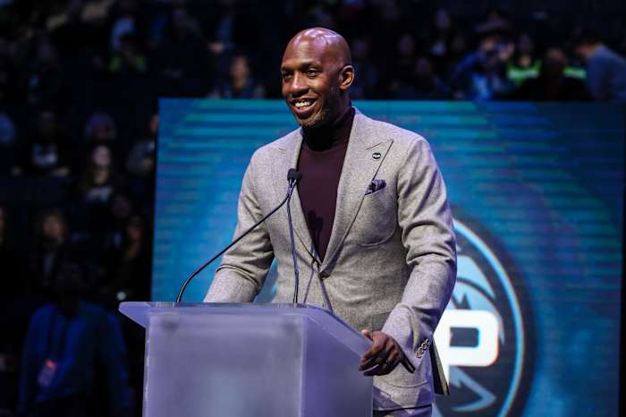 Feb 15, 2018; Minneapolis, MN, USA; Former player Chauncey Billups speaks during a ceremony honoring former Minnesota Timberwolves head coach Flip Saunders prior to a game against Los Angeles Lakers at Target Center. Mandatory Credit: Brace Hemmelgarn-USA TODAY Sports